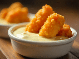 Close-up of garlic dipping sauce with chicken nuggets
