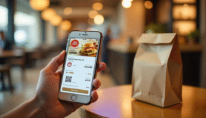 Albaik-style app deals screen showing loyalty points and QR pickup code.