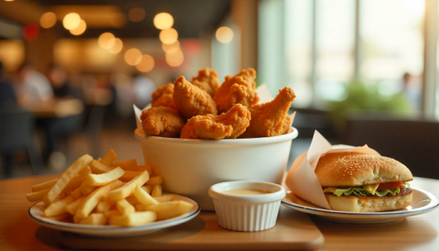 Albaik-style fried chicken bucket with garlic sauce and fries, Abu Dhabi food court setting