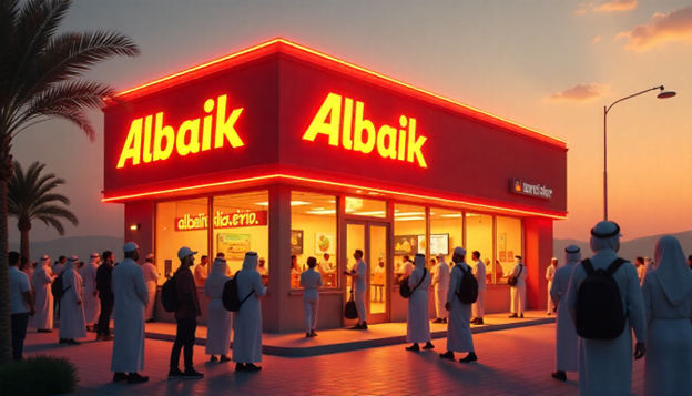 People queuing outside an Albaik restaurant in Saudi Arabia holding Big Baik sandwiches and chicken nuggets, showing the brand’s history and cultural impact.