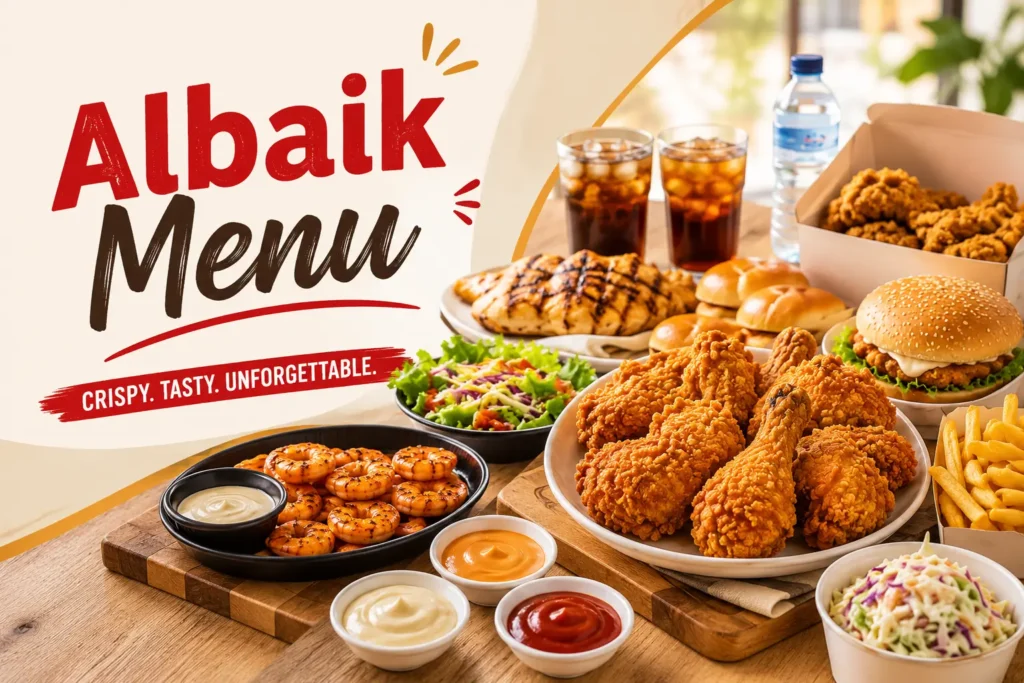 Albaik Menu featuring crispy broasted chicken, burgers, fries, sauces, seafood, and family meals in a premium restaurant setting