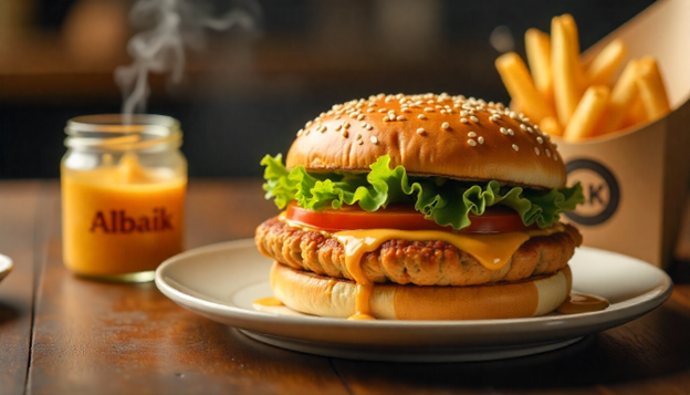 Albaik menu Overhead editorial banner of a Big Baik sandwich, garlic sauce jar, fries, warm natural light.