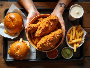 Overhead view of family combo meal, bucket, sandwiches, fries and sauces