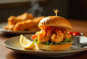 Shrimp sandwich with seafood platter, fries and lemon wedge, Abu Dhabi style