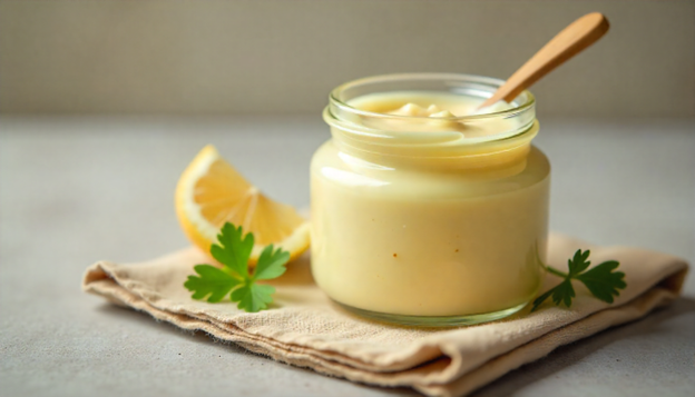 Jar of Al Baik garlic sauce with spoon, lemon wedge and herbs.