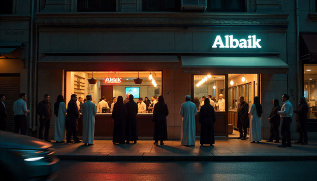 Evening exterior of an Albaik menu branch with a long customer queue, warm interior glow.
