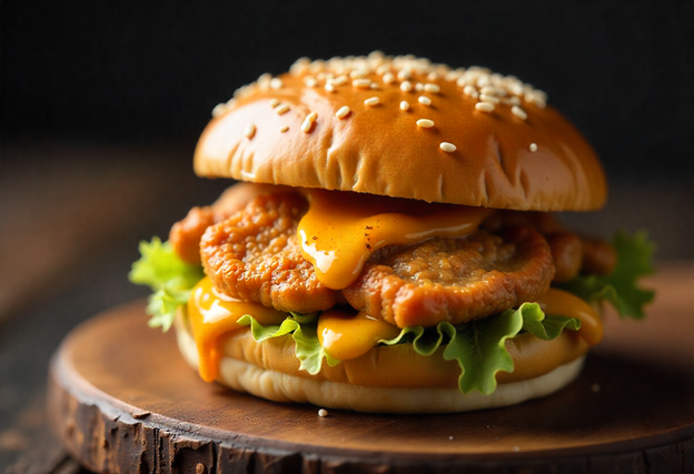 Macro close-up of a Big Baik sandwich, crispy fillet and garlic sauce dripping.
