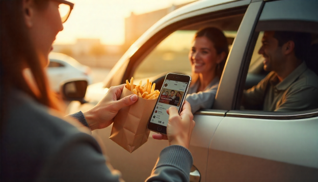 Collage showing delivery rider, pickup counter, drive-thru collection, and dine-in tray options. order using albaik app
