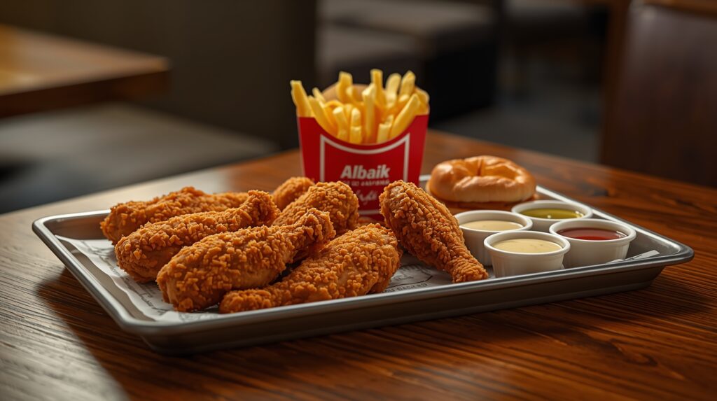 Albaik 8 Piece Chicken Meal with fries, buns, and garlic sauce served on a tray.