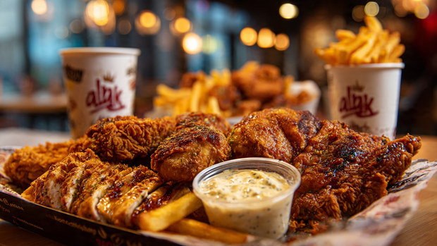 Albaik BBQ Baik combo platter with fried and grilled chicken, fries, garlic sauce, and soft drinks on a fast-casual restaurant table.