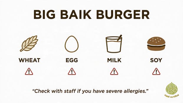 Icons and labels showing allergens in Albaik Big Baik Burger; Halal certification badge