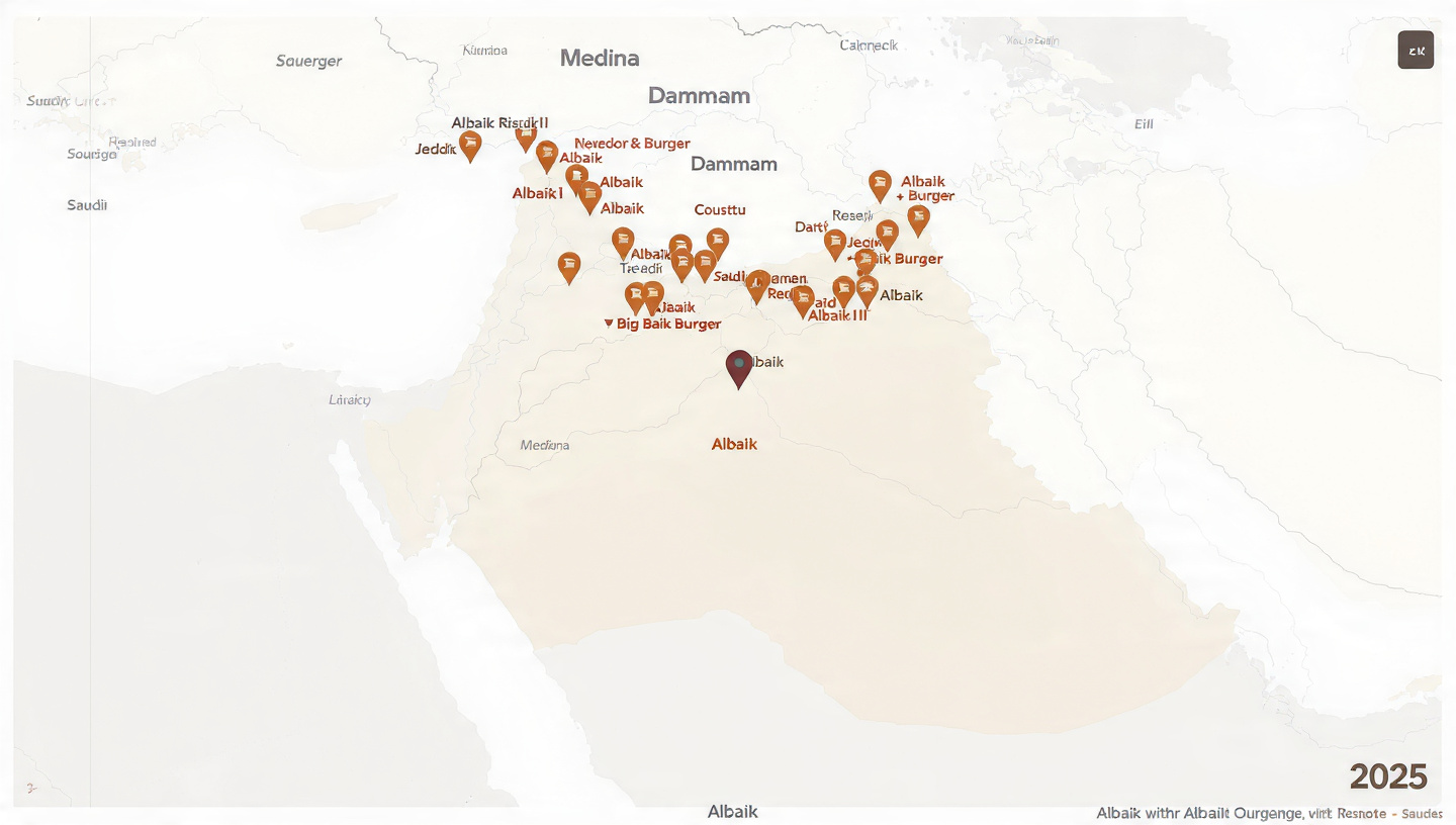 Map of Saudi cities showing Albaik branch locations selling Big Baik Burger