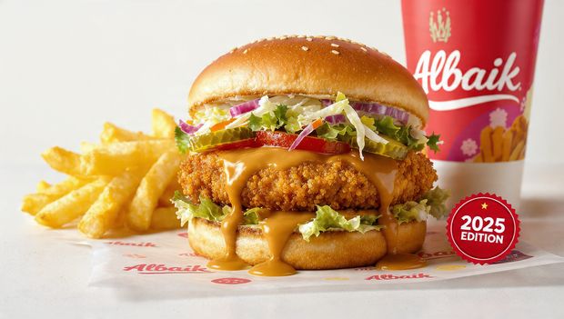 Albaik Big Baik Burger on wrapper with fries, drink, branded cup, show crunchy chicken fillet and signature sauce
