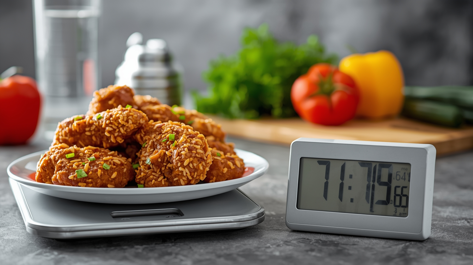 Fried chicken meal with health and calorie concept.