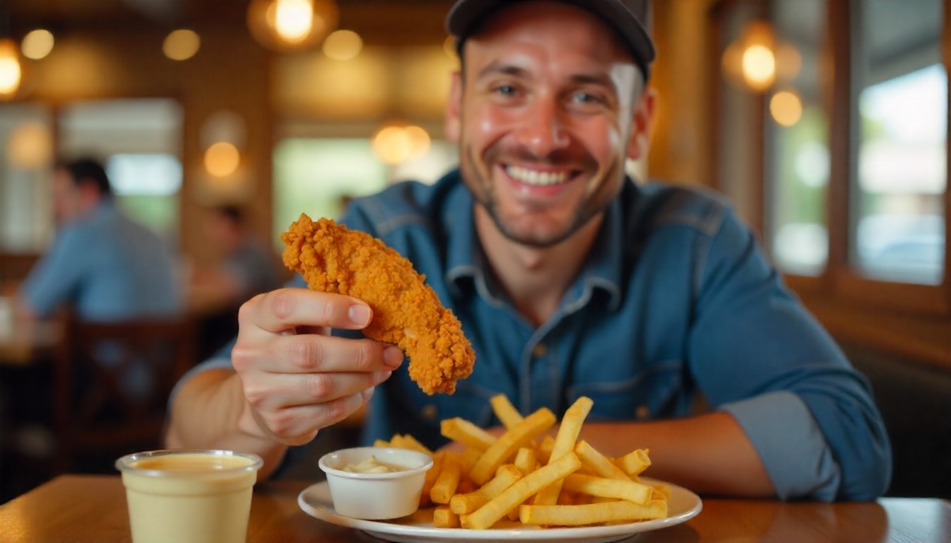 Happy person holding fried chicken at table with sauce.