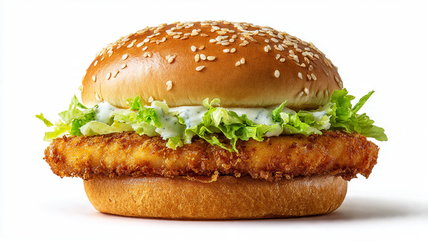 Albaik fish fillet burger close-up showing crispy golden coating and creamy sauce