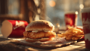 Albaik Fish Fillet Burger with signature garlic sauce and fries on wooden table