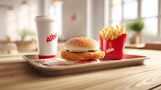 Albaik fish fillet burger combo meal with fries and drink