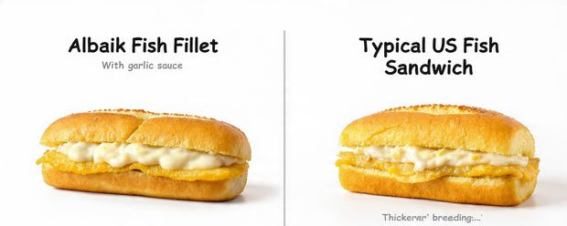 Side-by-side comparison of Albaik fish fillet burger and American fish sandwich