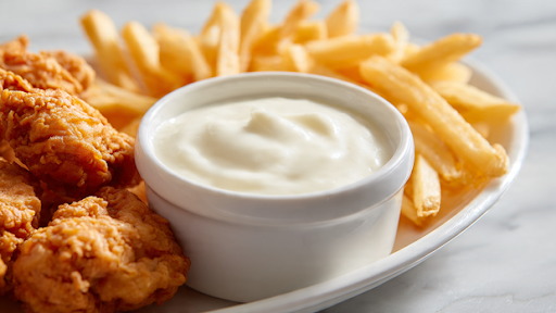 Creamy Albaik garlic sauce in a bowl with fried chicken and fries.