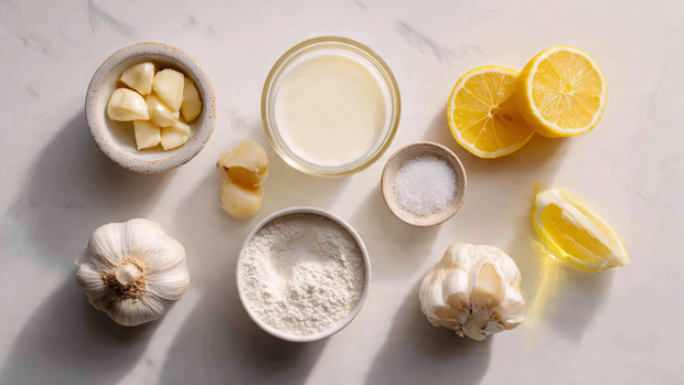 Garlic, lemon, milk, oil, salt, and cornstarch on a clean surface.