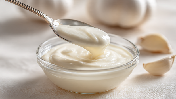 Spoon lifting smooth creamy Albaik garlic sauce from bowl.