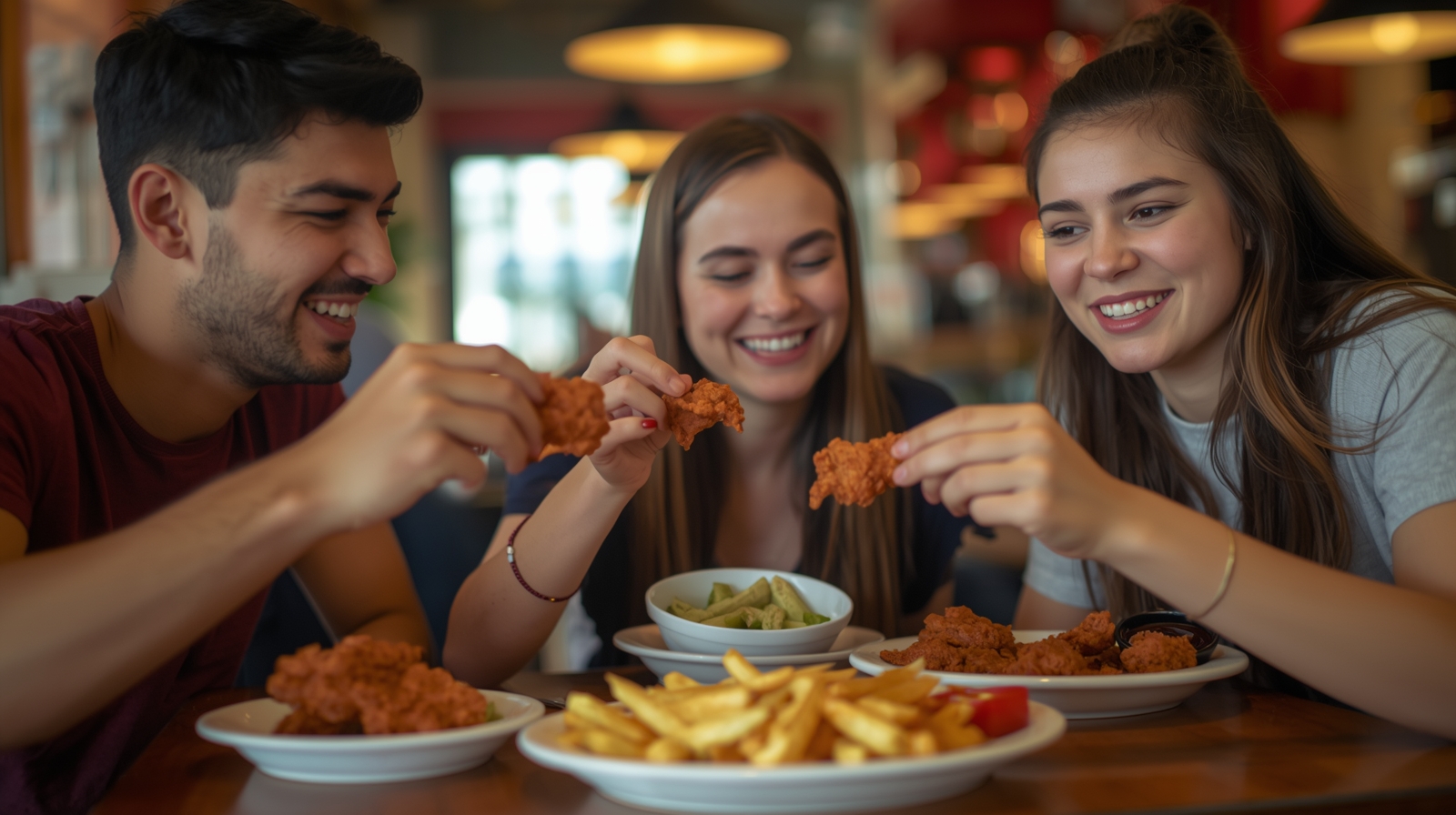 Group of friends enjoying fried chicken meal together.