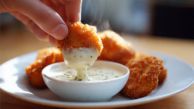 Albaik chicken nuggets dipped in creamy garlic sauce
