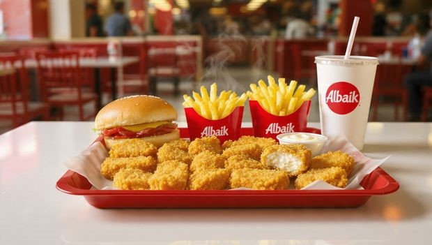 Albaik 10 Piece Chicken Nuggets Meal combo with fries, bun, drink, and garlic sauce on tray