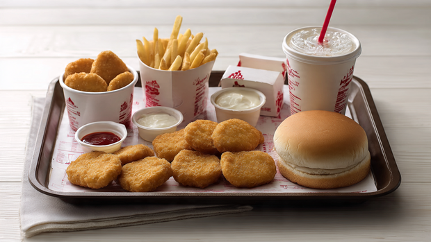 Albaik 10 Piece Chicken Nuggets combo showing nuggets, fries, bun, drink, and sauces