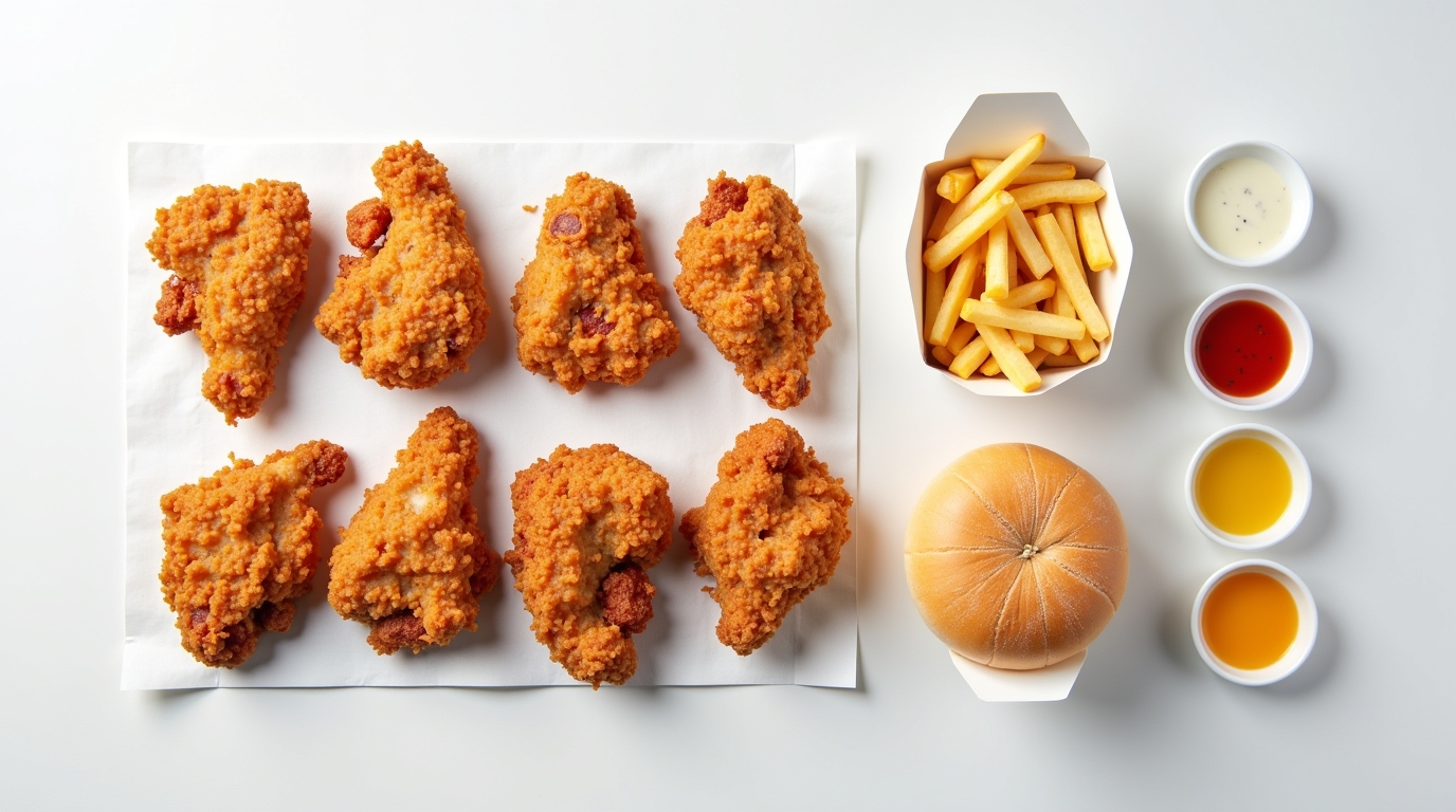 Flat lay of Albaik chicken meal components placed separately.