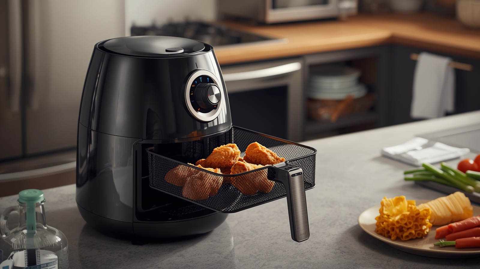 Fried chicken pieces inside an air fryer basket.