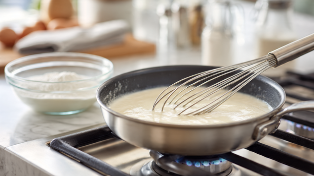 Garlic sauce thickening with cornstarch slurry on stove.