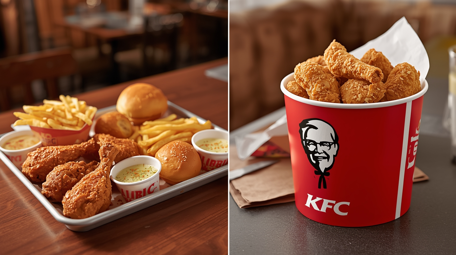 Albaik tray compared with KFC bucket on a table.