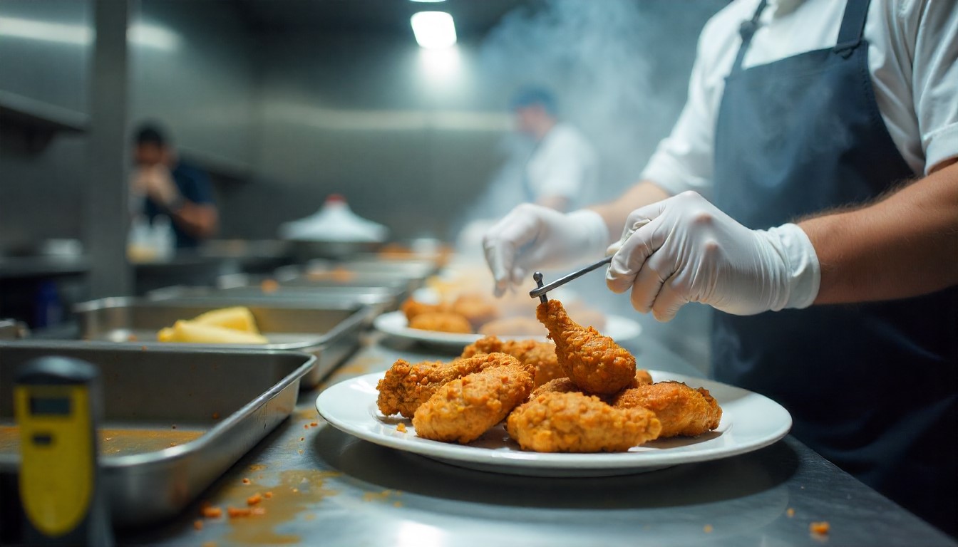 Kitchen Staff: Chef or line cook plating food, checking temperature or quality, stainless steel kitchen background.