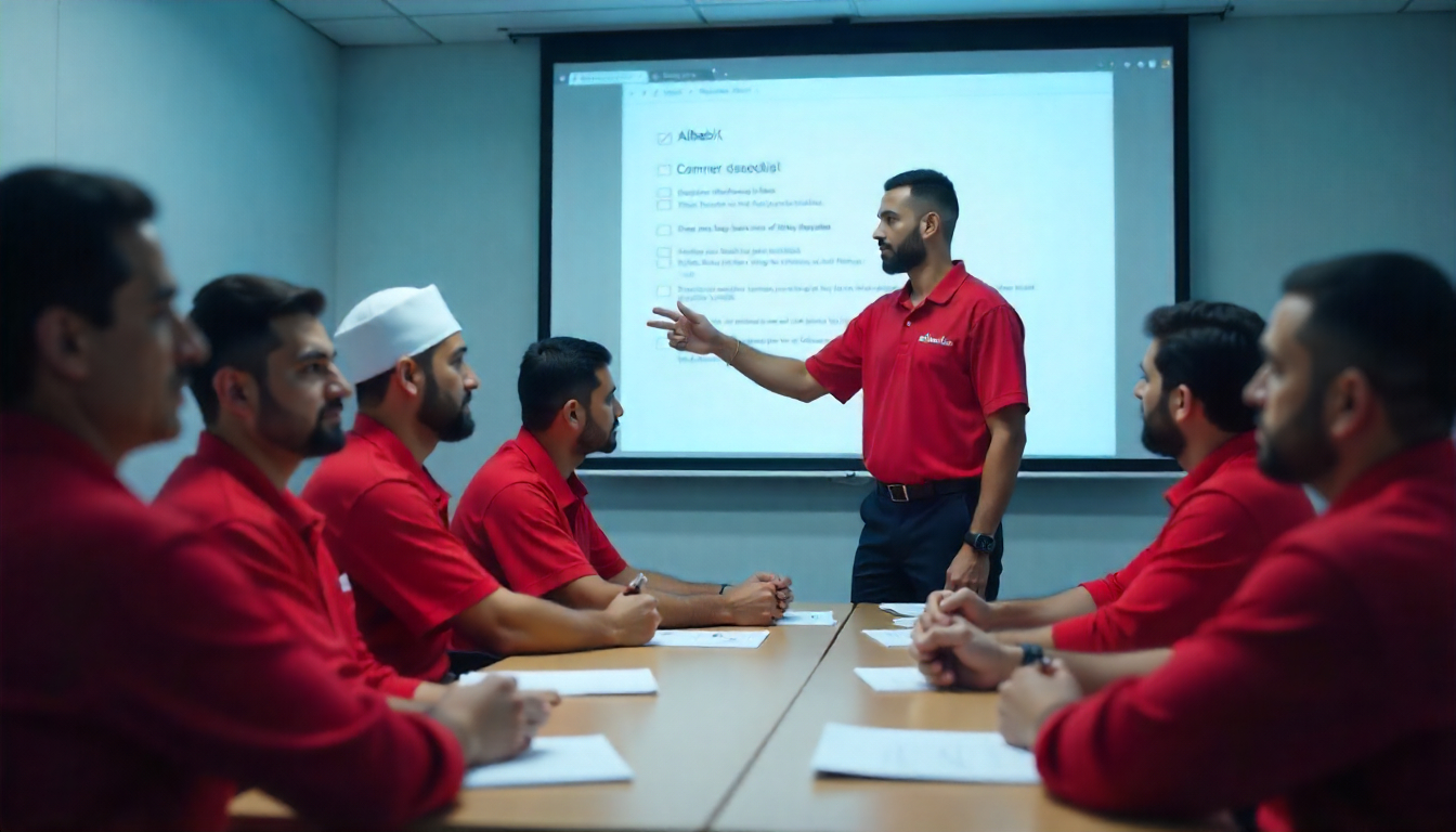 lassroom-style training with trainer pointing at a screen, new hires taking notes, branded training materials without logos.