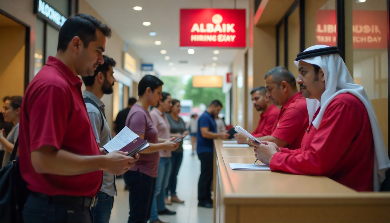 Albaik jobs: Queue of applicants outside a store holding documents, HR desk visible, banners saying "Hiring Day" (generic).