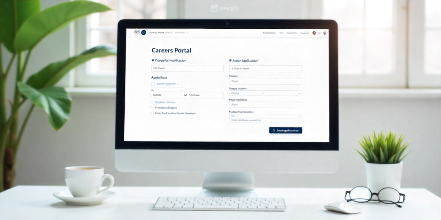 Albaik Jobs: Clean desktop screen mockup showing a careers portal form, fields for CV upload, passport, location, and availability.