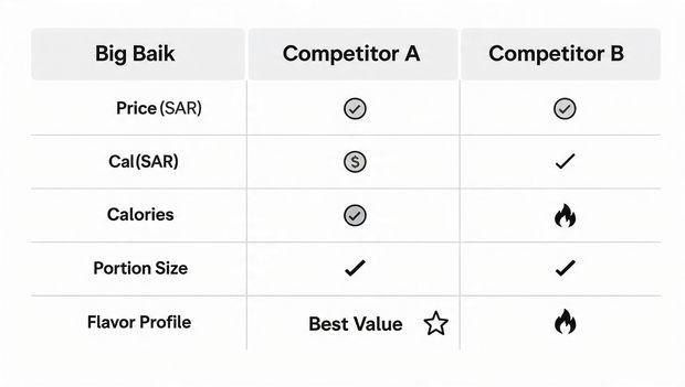 Chart comparing Big Baik Burger and competitor chicken sandwiches in calories, price, portion, tastes
