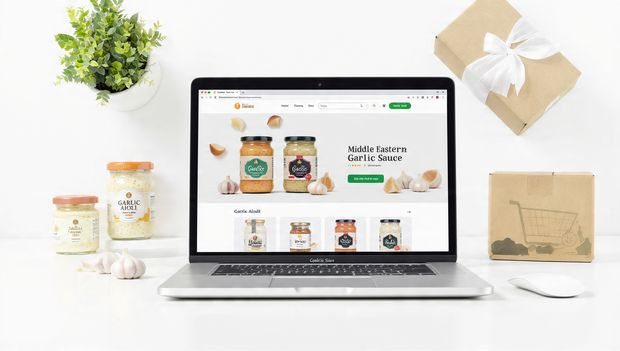 Laptop showing garlic sauce product listing on e-commerce site