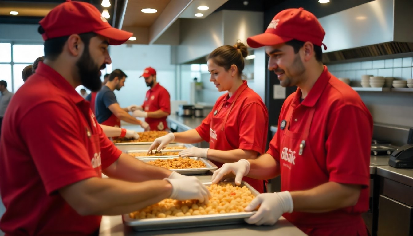Albaik Jobs: Crew members preparing trays, taking orders, interacting with customers, busy counter scene.