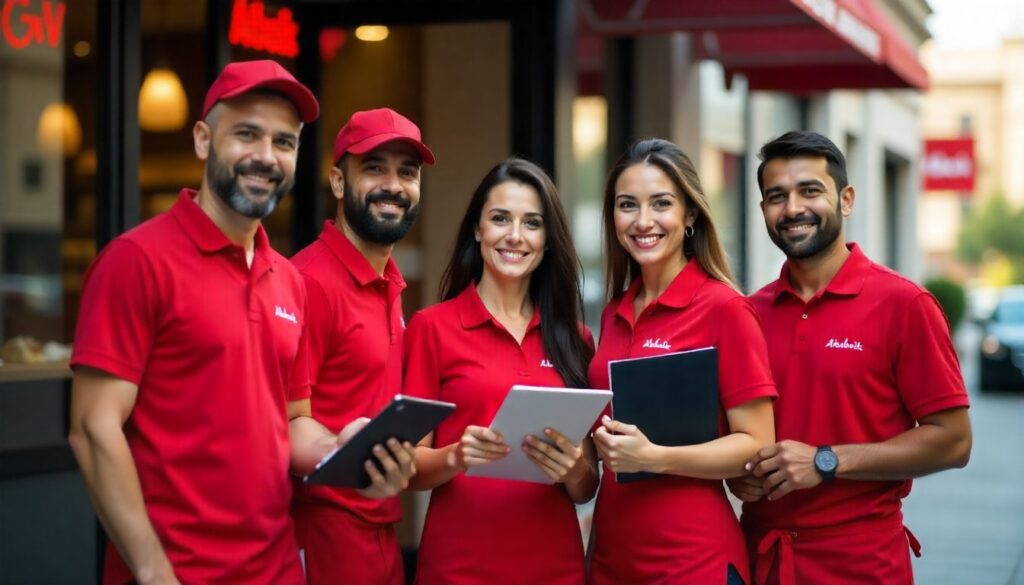 Albaik jobs: Diverse frontline restaurant team standing outside a busy fast-casual outlet, smiling, holding CVs and work folders.