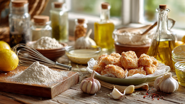 Homemade crispy Albaik nuggets prepared on kitchen counter with ingredients