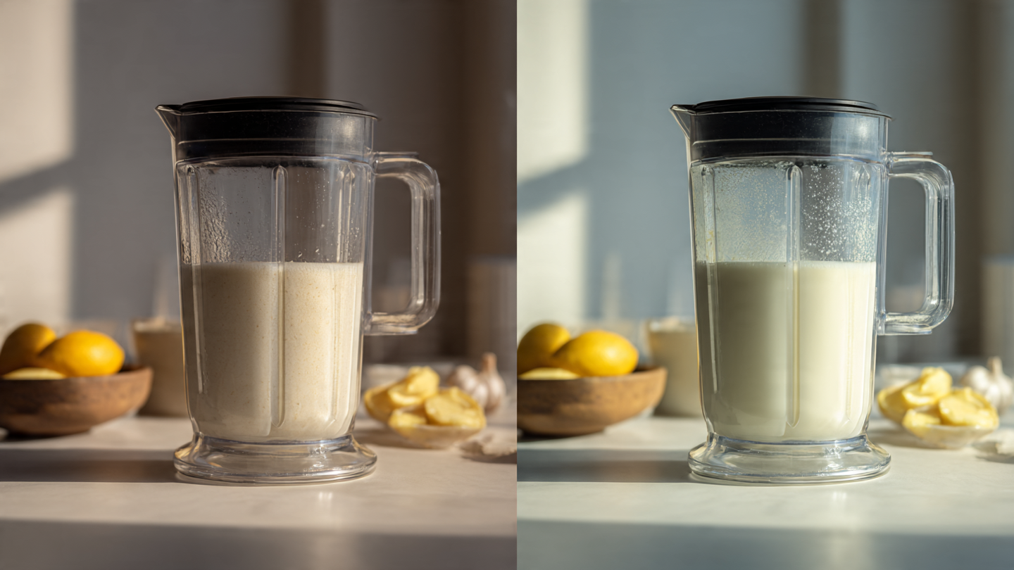 Blender mixing garlic sauce ingredients to form creamy emulsion.