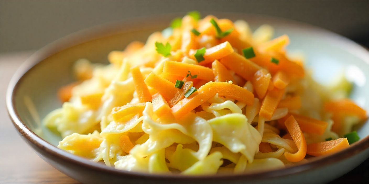 Close up of creamy coleslaw showing cabbage and carrots.