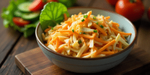 Albaik coleslaw and fresh salad placed side by side on a wooden table.