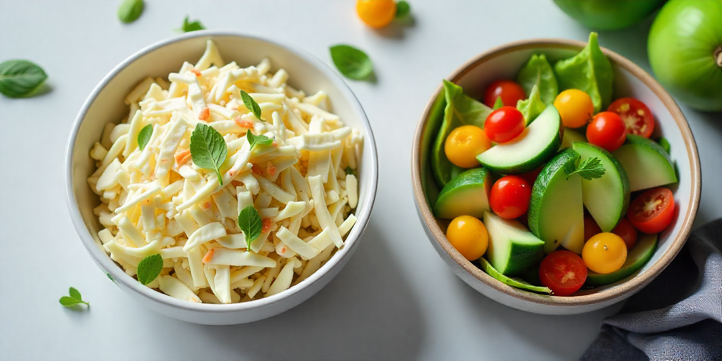 Top view of coleslaw and fresh salad bowls arranged neatly for a final comparison.