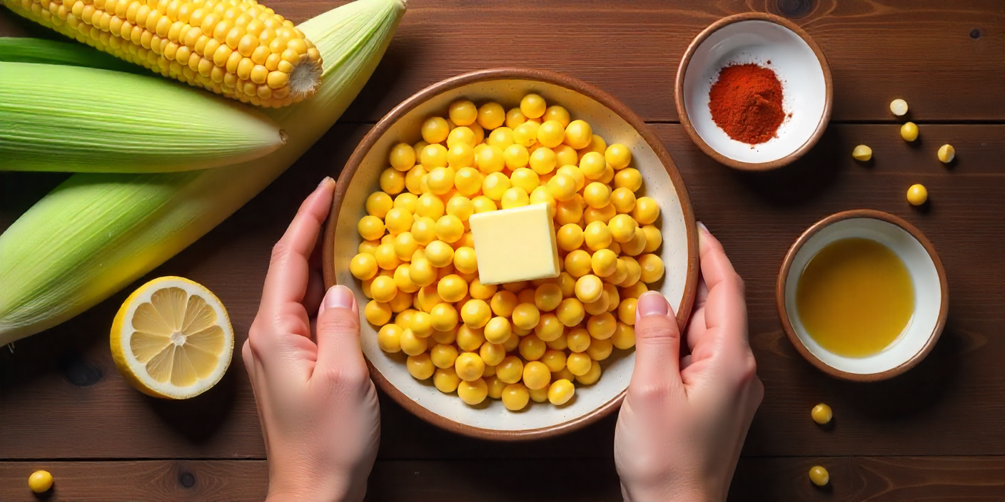 Sweet corn kernels, butter, and spices arranged on a table