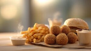 Albaik Falafel Meal with crispy falafel, golden fries, soft bun, and tahina sauce on a table, ready to be enjoyed"