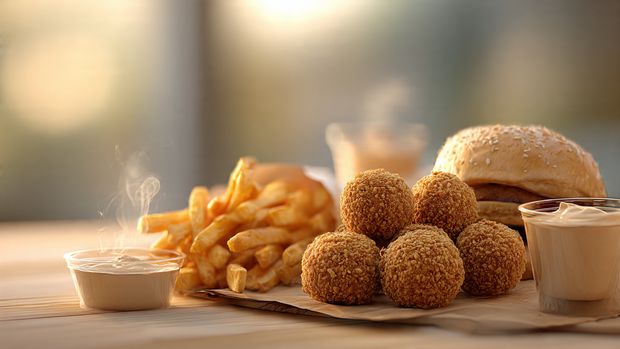 Albaik Falafel Meal with crispy falafel, golden fries, soft bun, and tahina sauce on a table, ready to be enjoyed"